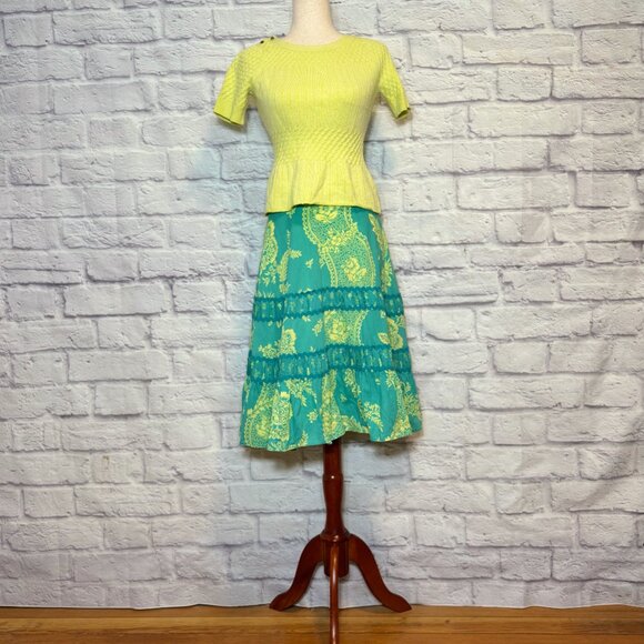 Anthropologie Odille Teal & Chartreuse Paisley Knee-Length Skirt - Picture 5 of 9